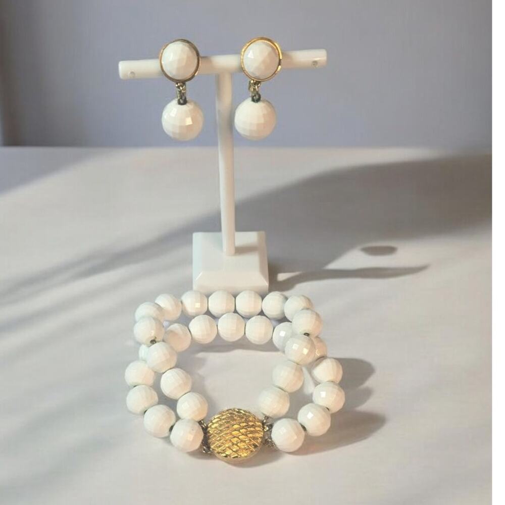Monet White Bead Bracelet & Clip Earrings Set – Gold Tone Classic Elegance